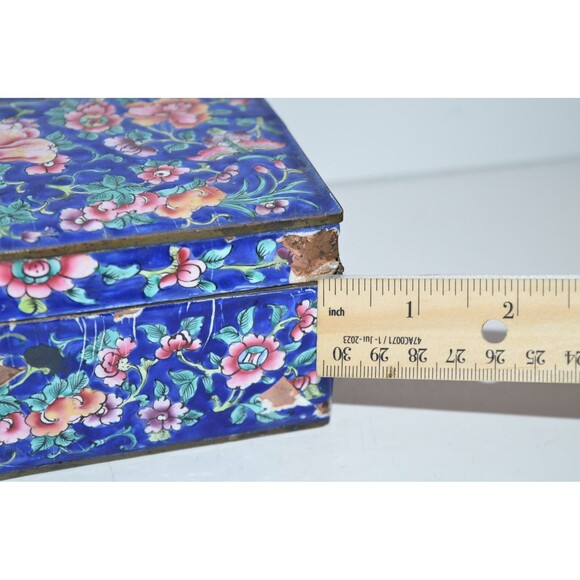 Vtg Chinese Enamel Brass Trinket Box Damaged Blue floral flaws - Picture 2 of 15